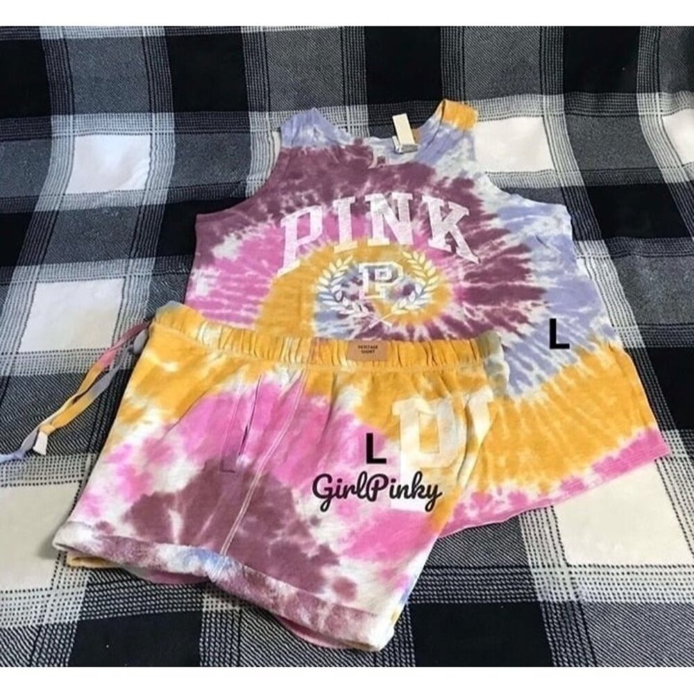 victoria secrets PINK shorts outfit IN TIE DYE & MATCHING LOGO TANK SIZE LARGE